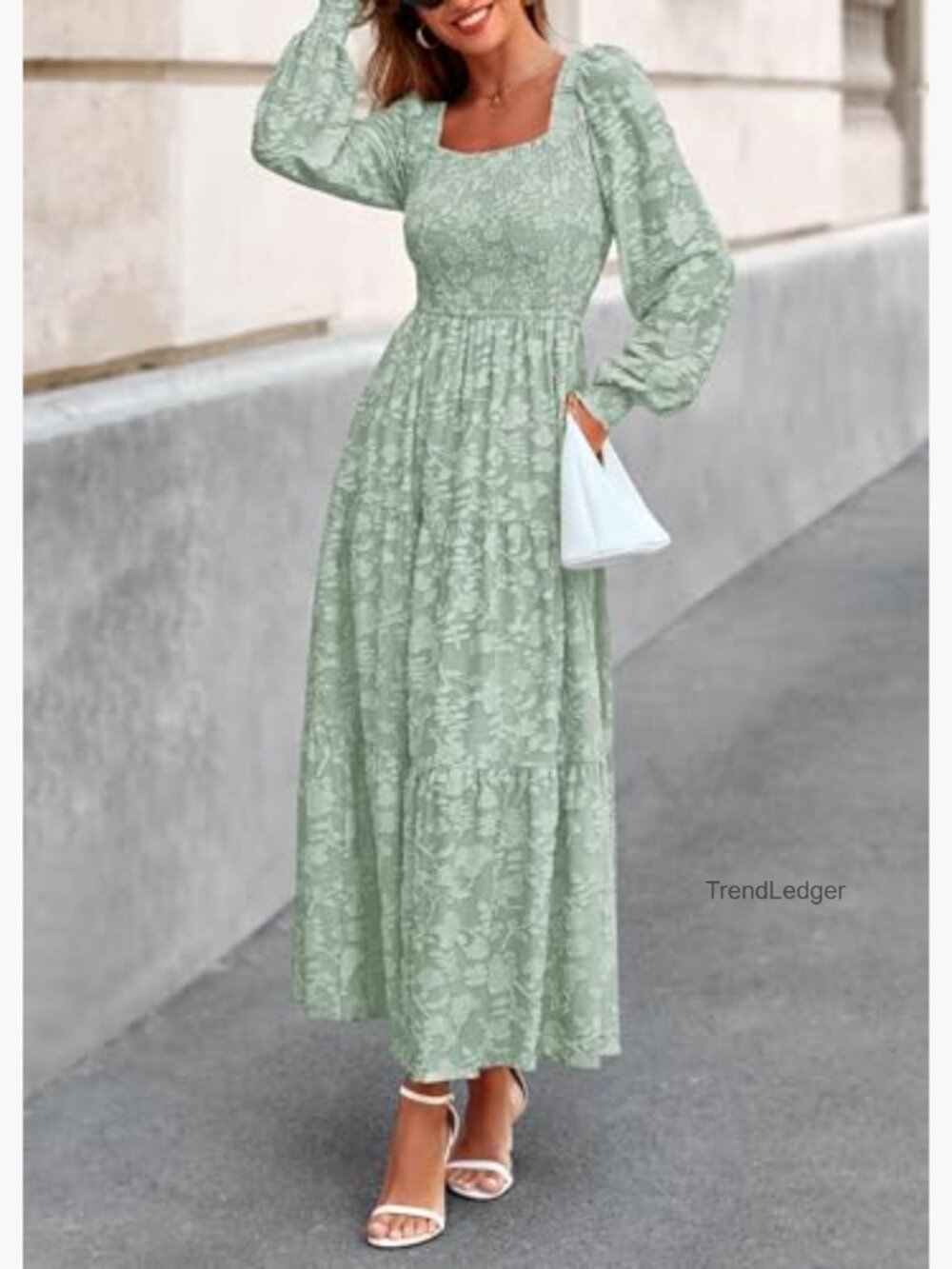 Long Sleeve Smocked Floral Maxi Dress A-Line Formal Wedding Guest - Picture 6 of 7